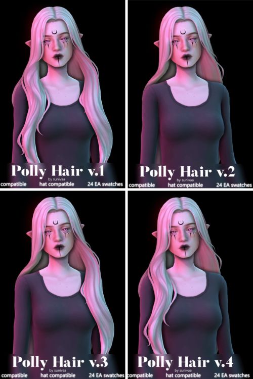 four female sims with different versions of the same long hairstyle