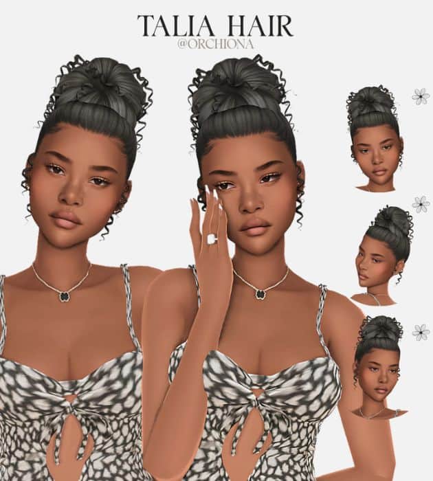 female sim with a high puff bun