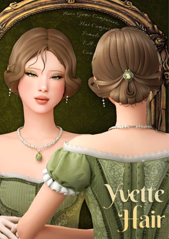 female sim dressed in a fitted gown with a sleek updo hairstyle