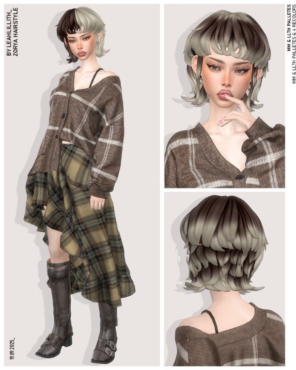 female sim with chin-length two-tone hair