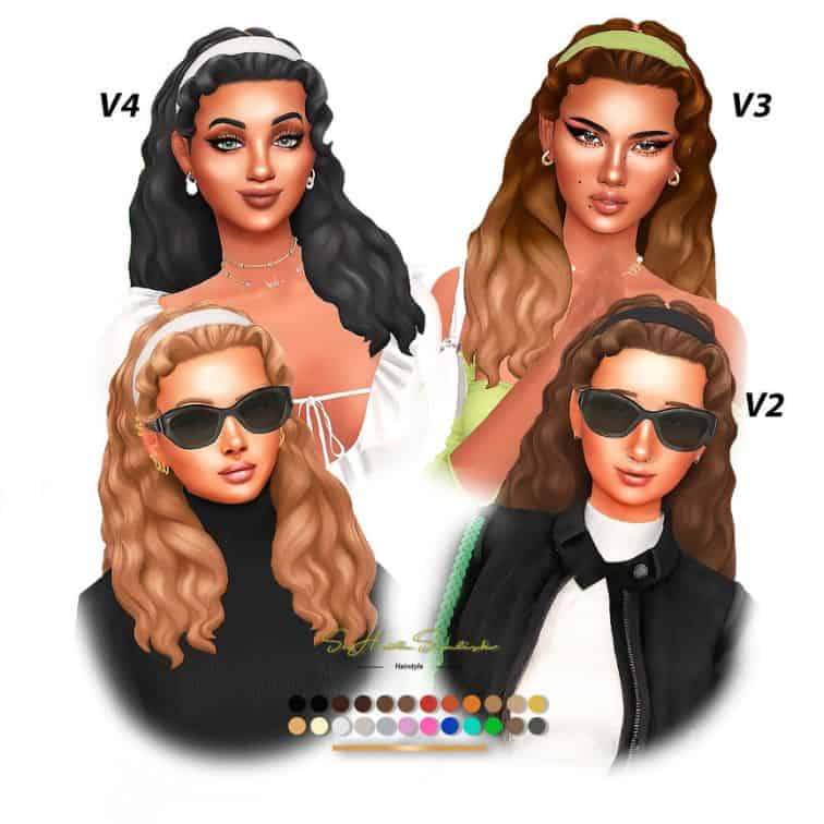 four female sims with different versions of the same hairstyle