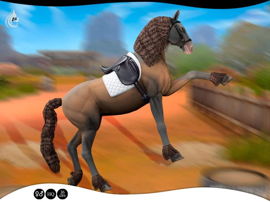 dark horse with wavy mane, tail and feathers
