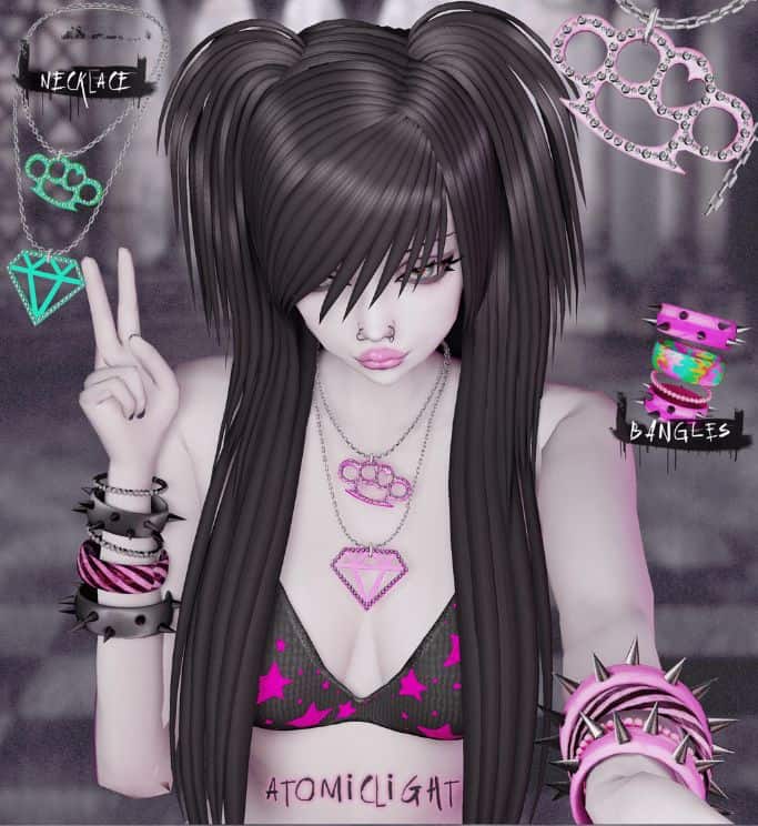 female sim wearing mixed edgy jewelry pieces