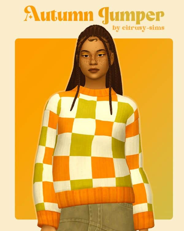 female sim wearing an autumn themed checkered sweater