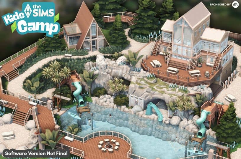 a modern kids campground with pool slides and wooden decks