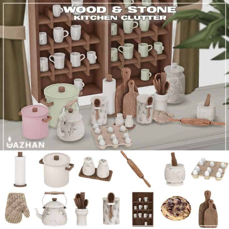 mixed wood and stone kitchen clutter pieces