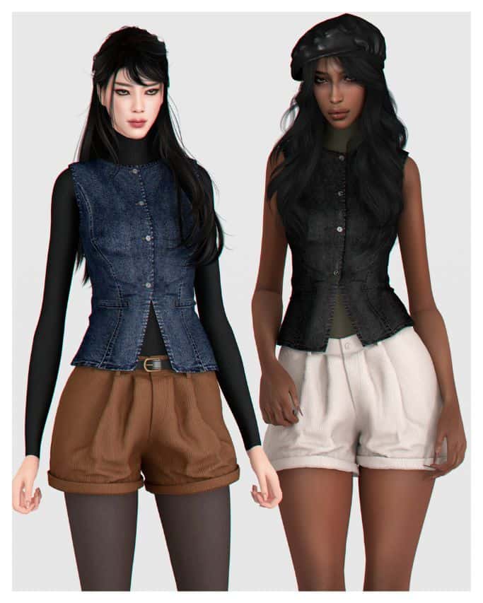 female sims dressed in jeans vests and dressy shorts