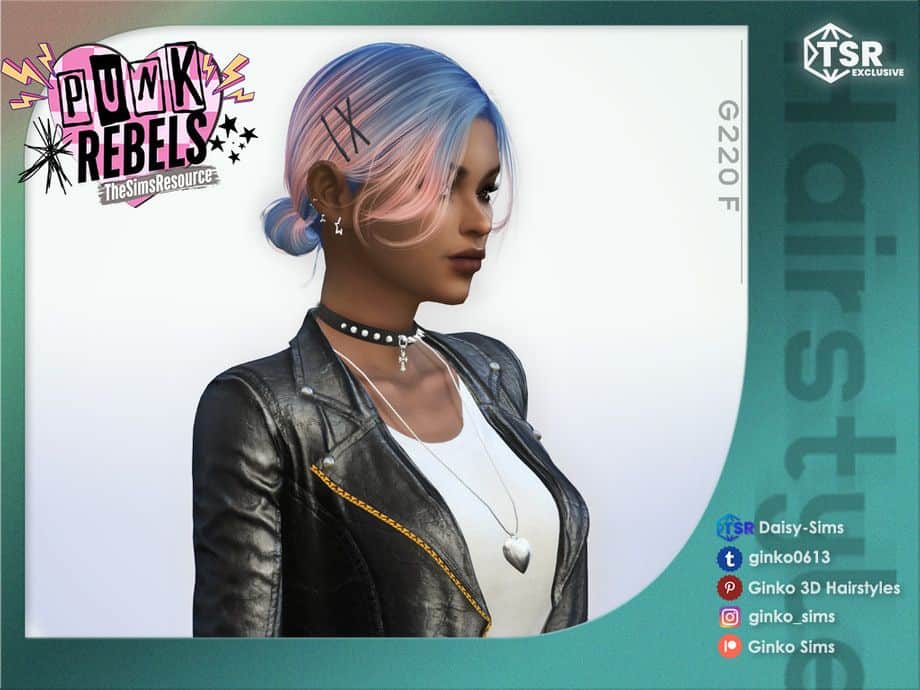 female sim with a low bun and pinkish-blue hair