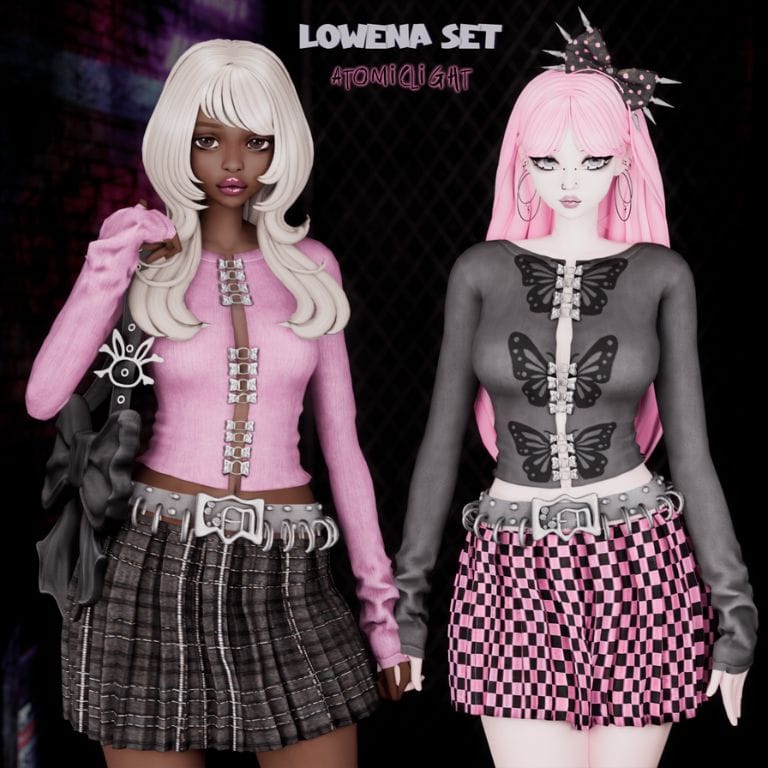 female sims dressed in Y2K outfits with a touch of punk elements