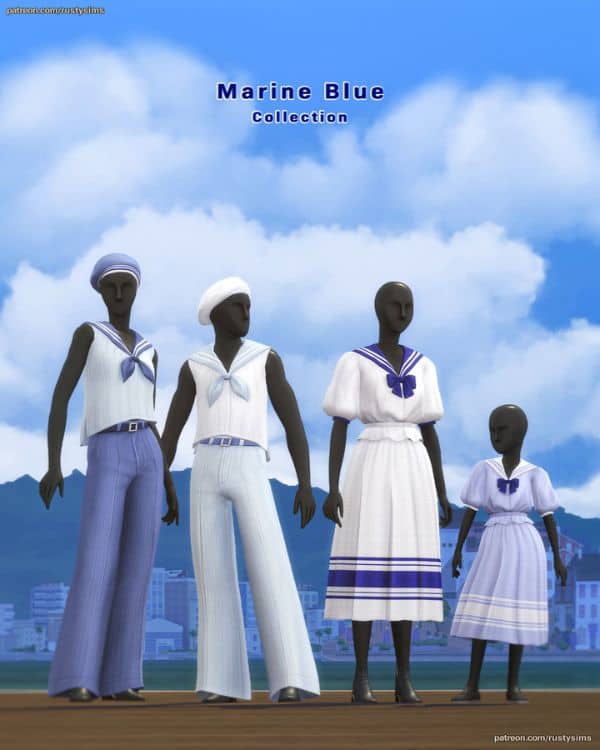 four mannequin in mixed nautical-themed outfits