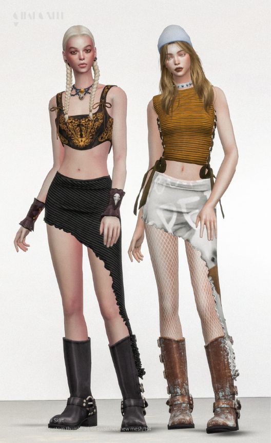two female sims wearing asymmetrical mini skirts
