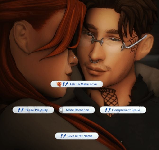 sim couple looking at each other with game options on the screen