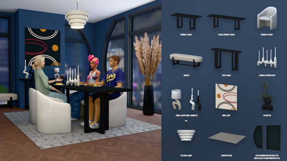 Sims sitting at a chic and modern dining room table with round chairs