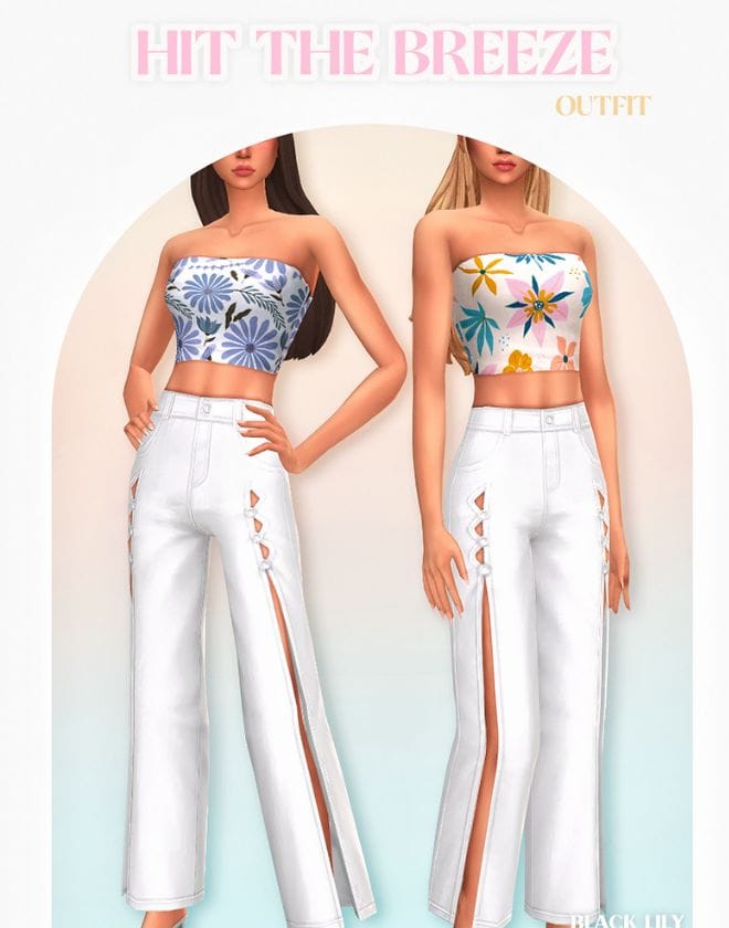 female sims wearing sleeveless crop tops and white pants