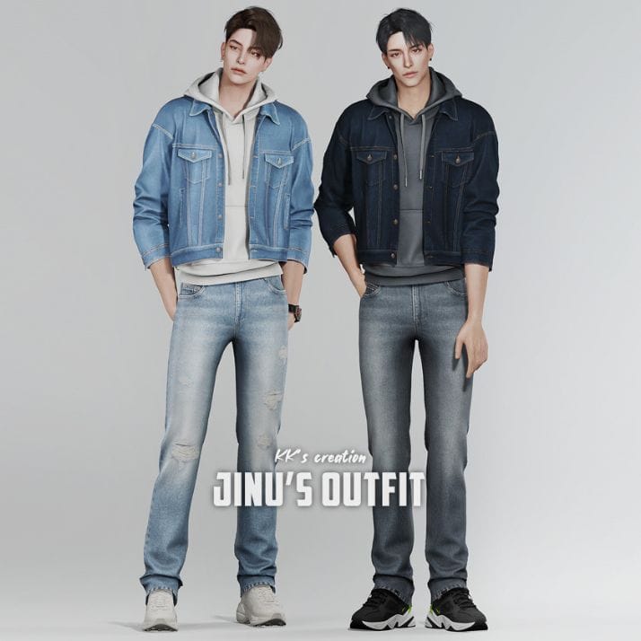 male sims dressed in hoodies, denim jackets and jeans