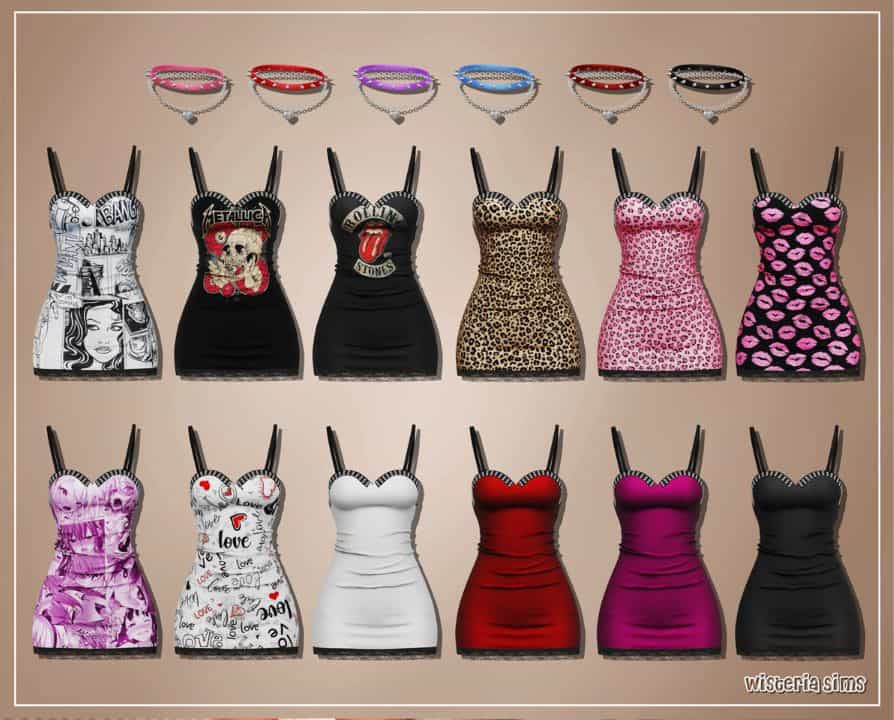 collage of mini dresses in different patterns and matching necklaces