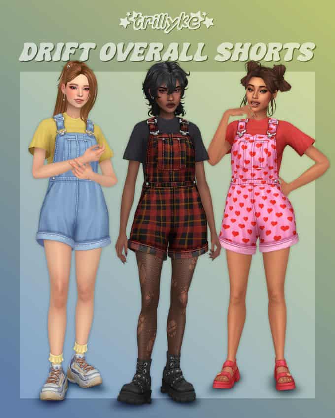female sims in mixed overall shorts
