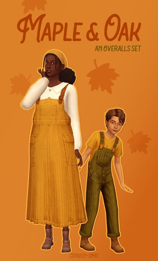 female sim wearing an overall-style dress and child sim wearing classic overalls