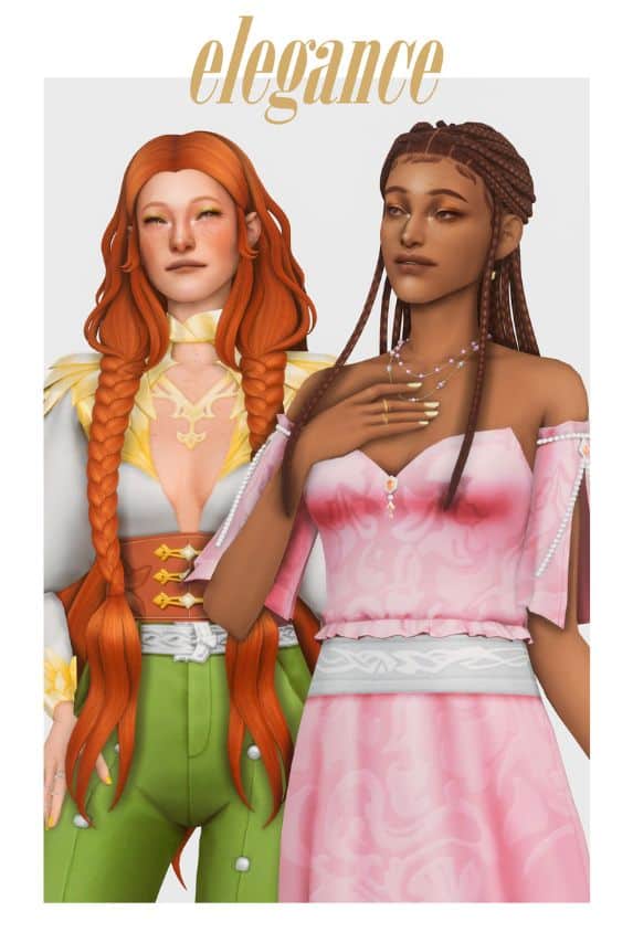 female sims with long hairstyle and colorful outfits