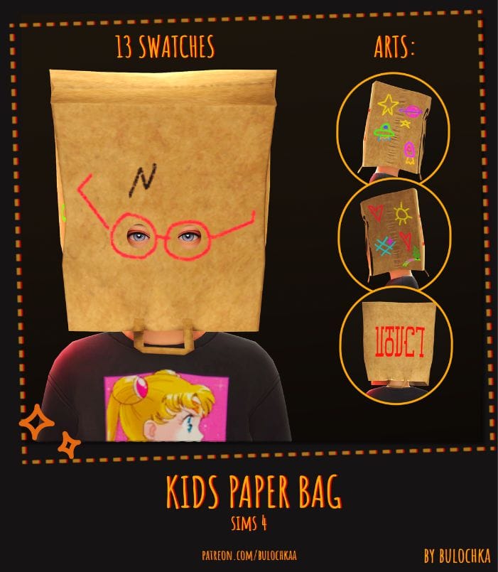 sim kid wearing a paper bag on their head