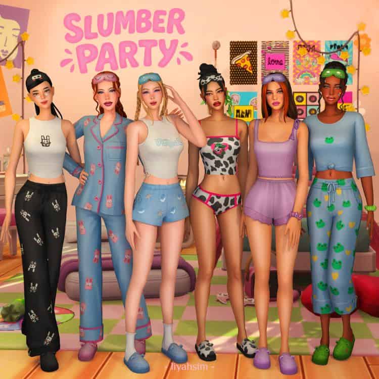 six female sims wearing different pajamas sets
