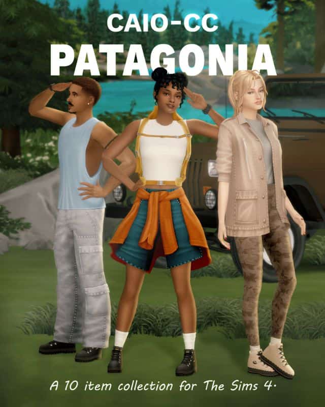 sims dressed in Patagonia-inspired clothing