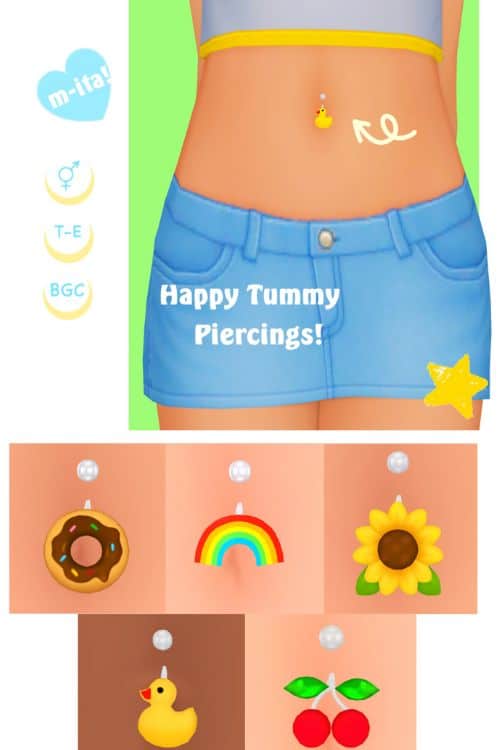 sim modeling a duck tummy piercings and more designs show in a table