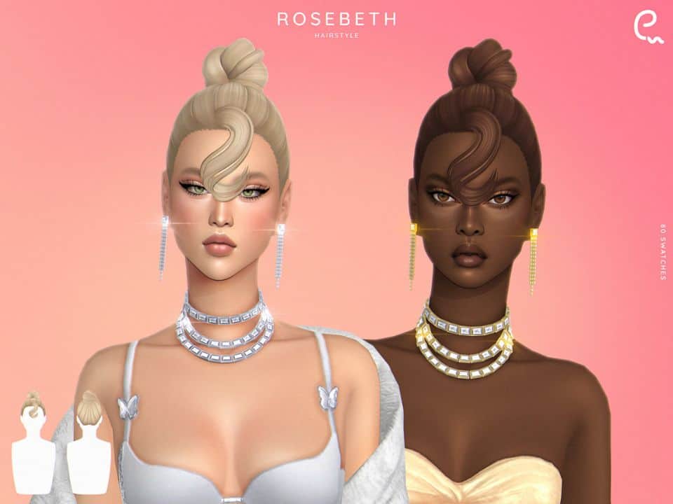 female sim with high top buns and a large hair strand falling in between their eyes