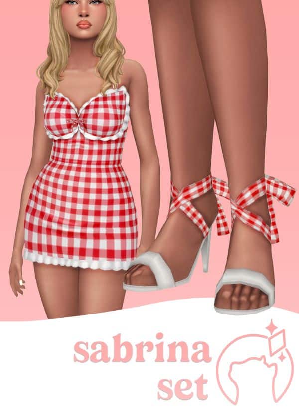 female sim wearing a checkered red and white dress and matching heels