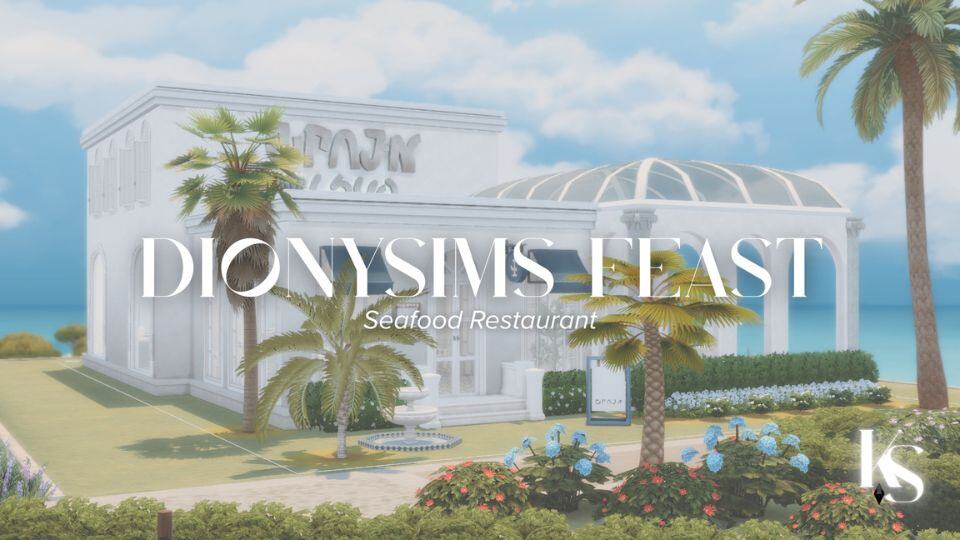 a white, modern seafood restaurant by the water