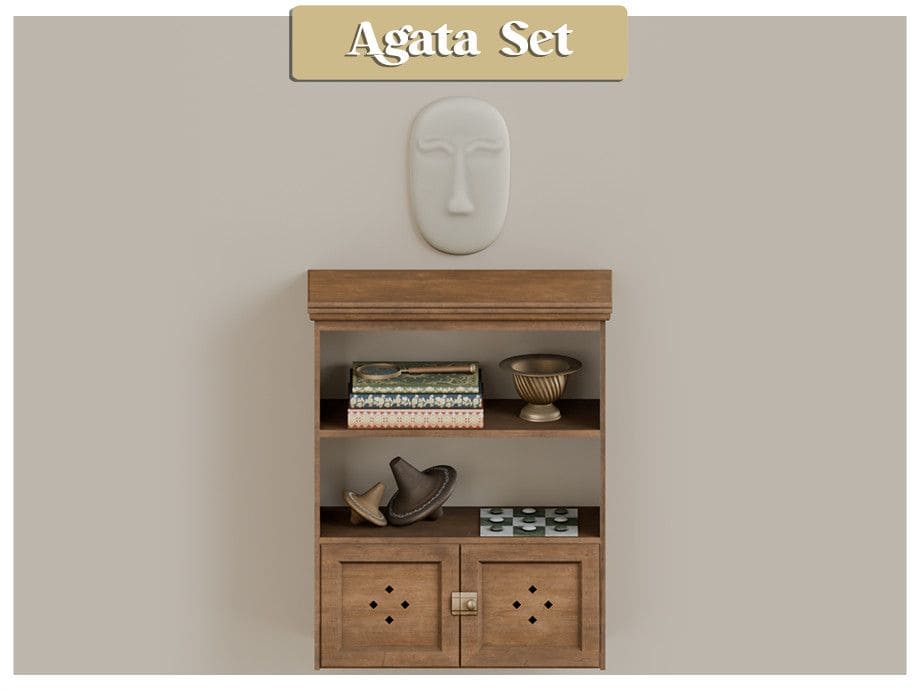 a wooden shelving cabinet with decor pieces on display