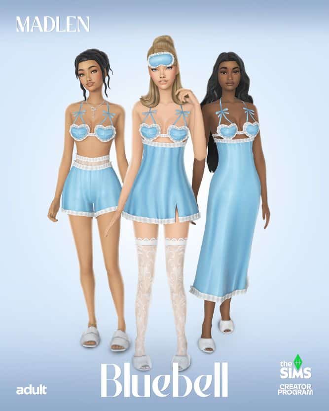 female sims wearing blue and white sleepwear items