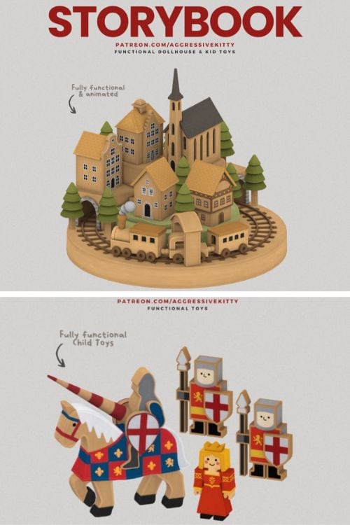 a dollhouse and medieval play figures