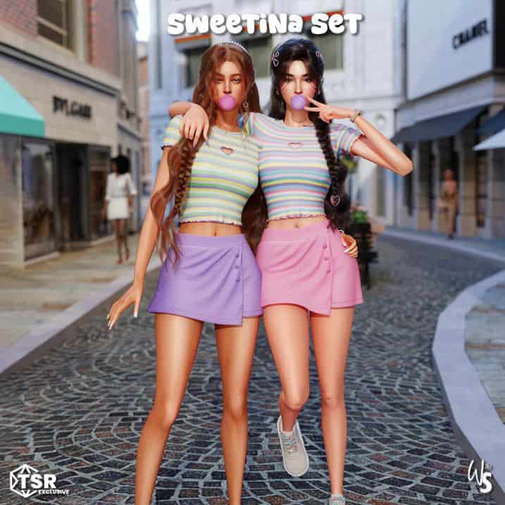 female sim wearing striped tops and asymmetrical skirts