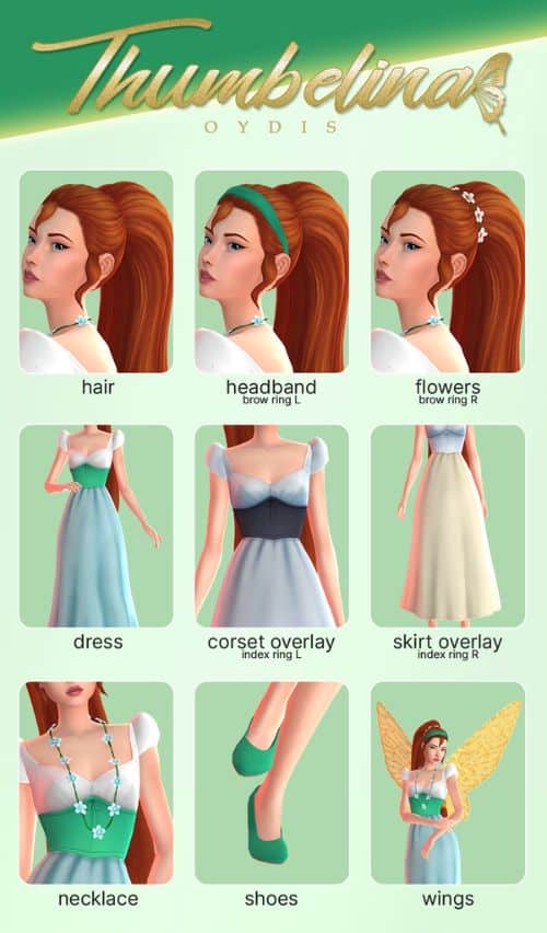 a collage of Thumbelina-themed cc pieces