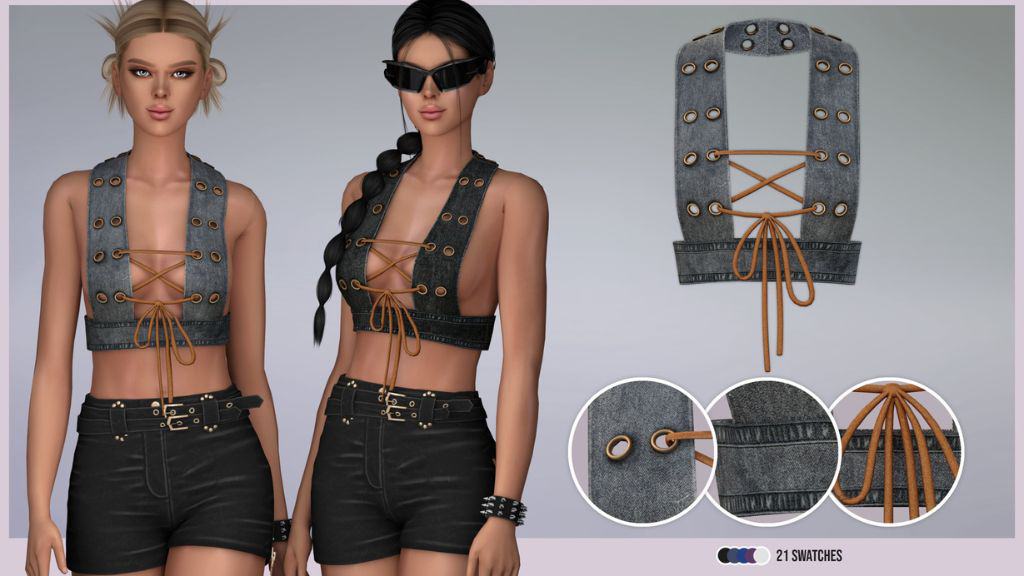 female sims wearing denim crop tops with bronze details and laces