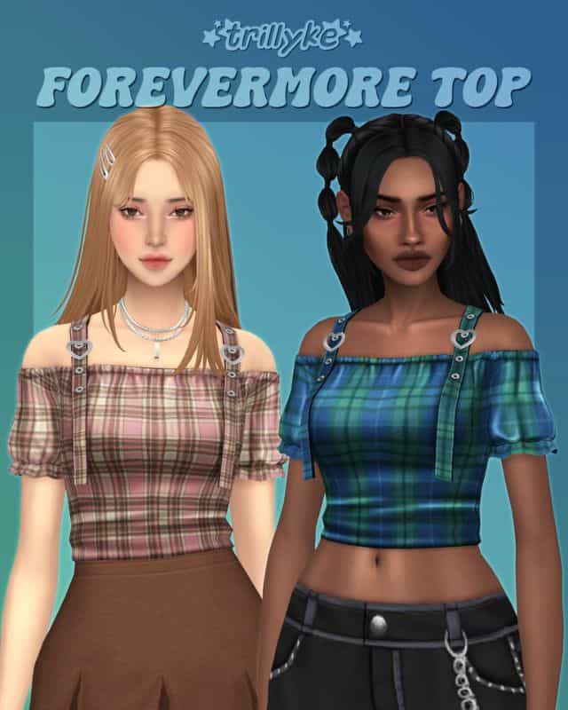 female sims wearing off-the-shoulder tops with straps