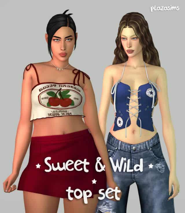 two female sims wearing two different tops