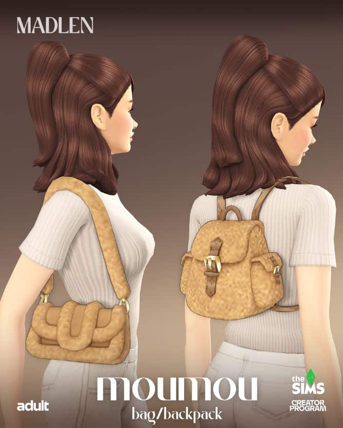 female sims wearing a beige bag and backpack