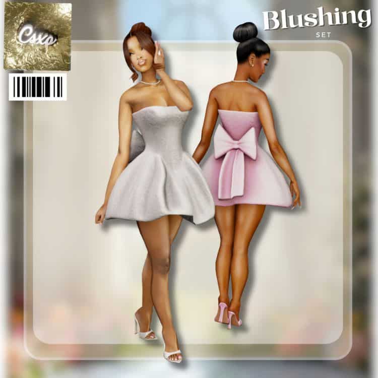 female sims dressed in a fancy mini dress with a large bow at the back