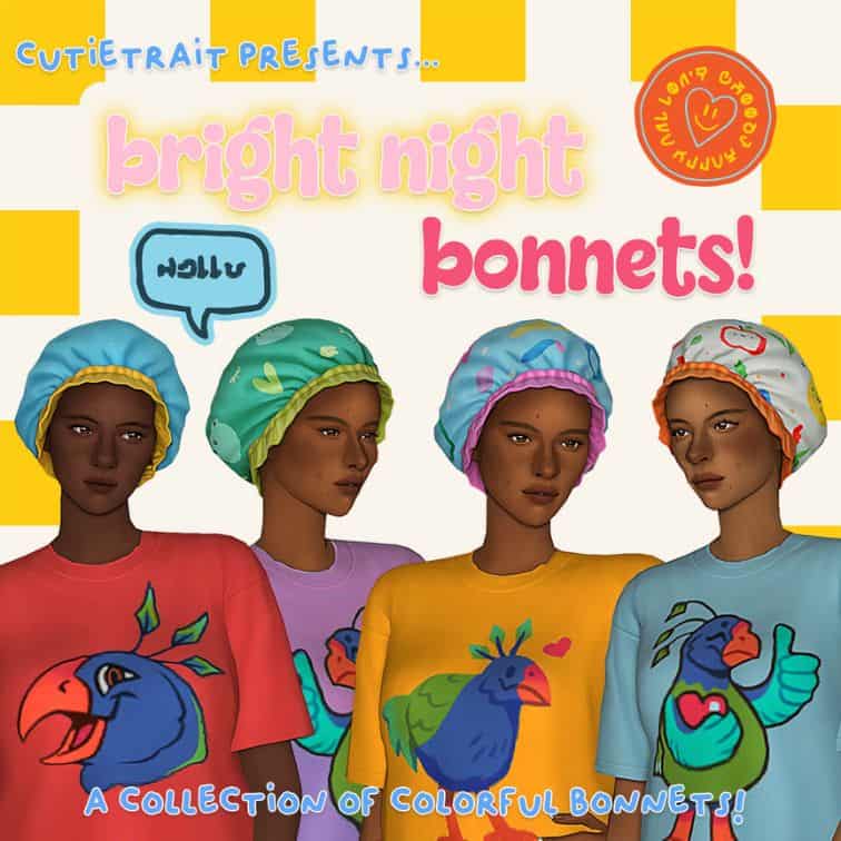 female sims wearing mixed color and pattern bonnets