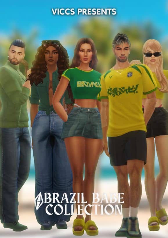 sims dressed in Brazil-themed clothing