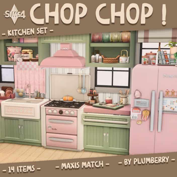 a pink and green kitchen