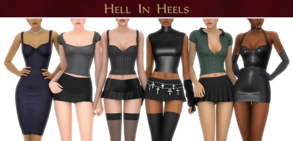 female sims dressed in form fitting dresses, crop tops and mini skirts