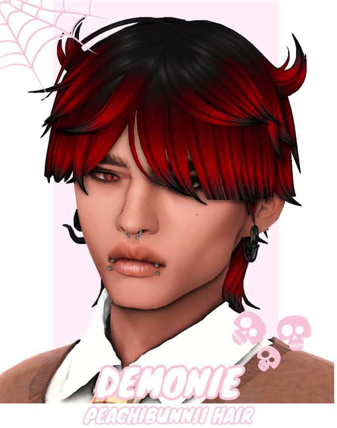 male sim with short reddish black hair with curled up edges like horns