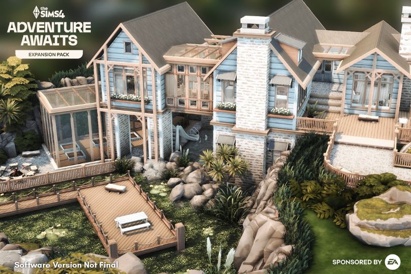 a large light beige and blue family home