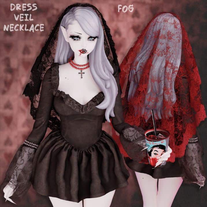 female sim dressed in a black dress, veil and cross necklace