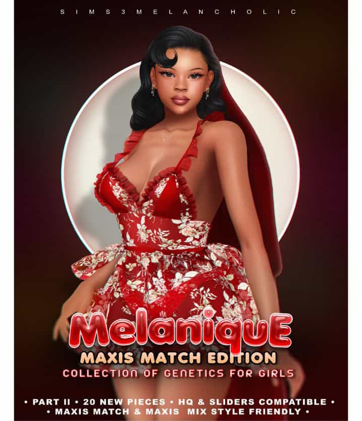 black female sim with smooth skin and wearing a red and white dress