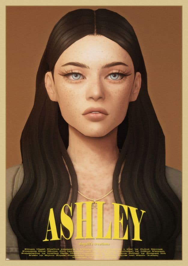 female sim with a middle part and long wavy hair