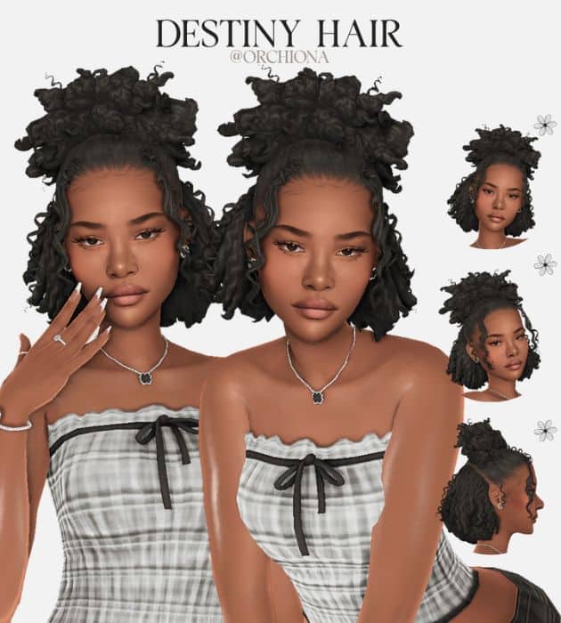 black female sim with curly hair in a half updo hairstyles